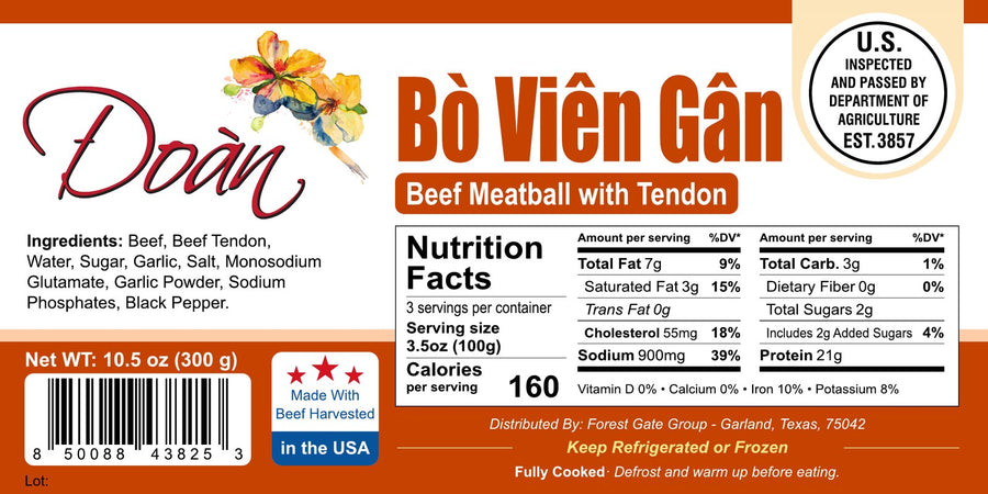 Package label for Bò Viên Gân — Beef Meatball with Tendon, with Nutrition Facts. Tap to enlarge.