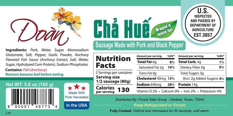 Package label for Chả Huế — Vietnamese Pork Sausage with Pepper, with Nutrition Facts. Tap to enlarge.