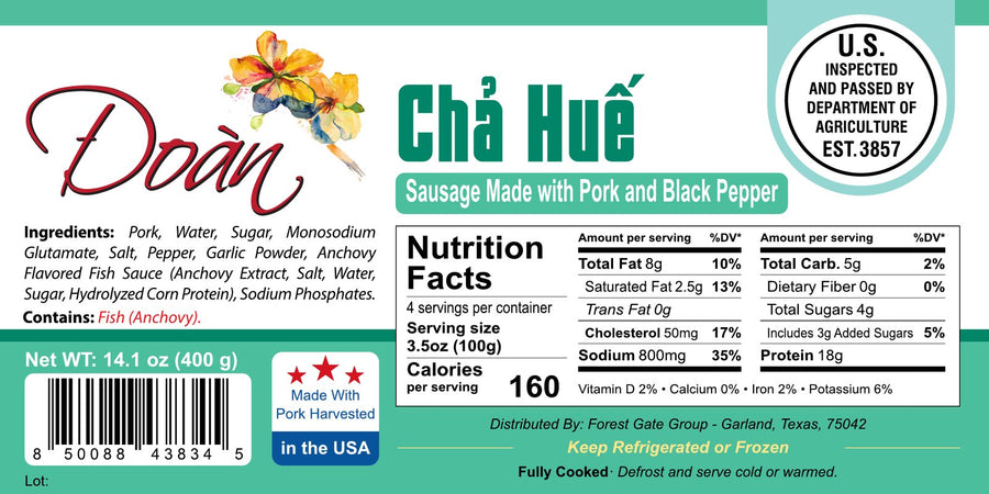 Package label for Chả Huế 400g — Vietnamese Pork Sausage with Pepper, with Nutrition Facts. Tap to enlarge.
