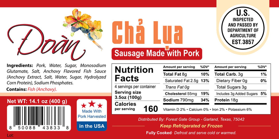 Nhãn bao bì Chả Lụa 400g, có bảng dinh dưỡng. Bấm để phóng to.