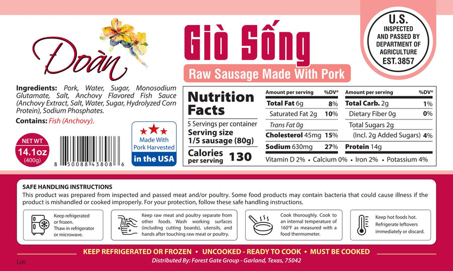 Package label for Giò Sống (Mọc) — Seasoned Raw Pork Paste, with Nutrition Facts. Tap to enlarge.