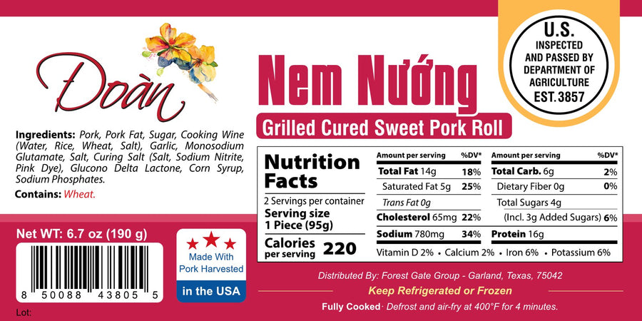 Nhãn bao bì Nem Nướng, có bảng dinh dưỡng. Bấm để phóng to.